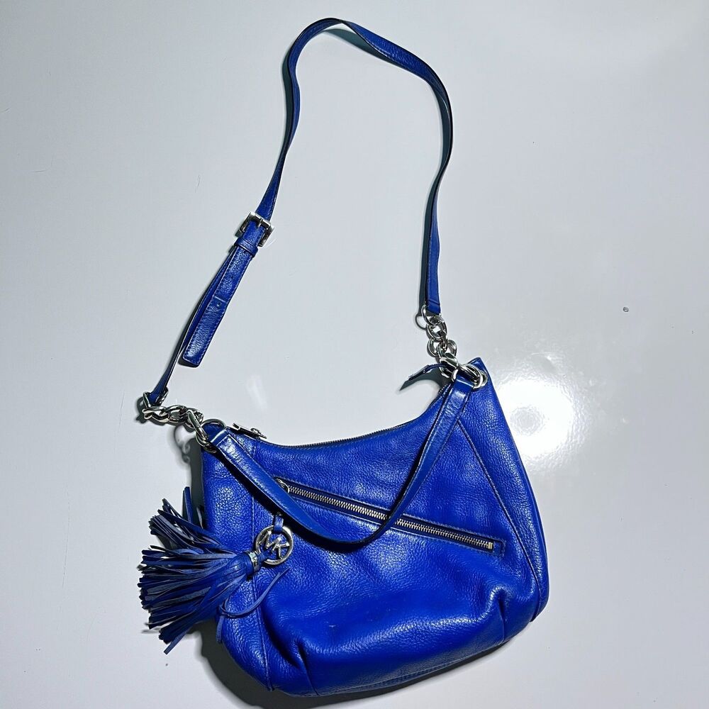 Michael Kors Purse Pebbled Leather Purple Fringe Tassel Bag Charm Gold Chains
